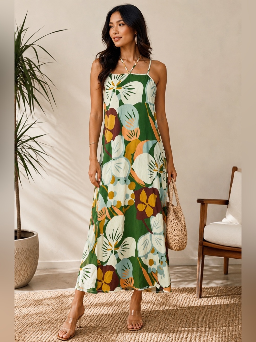 Ted Baker "Lotye" Tropical Floral Botanical Halter Slip Midi Dress | Size 4